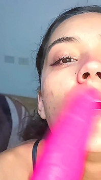 Hot College Girl Deepthroating a Dildo and Keeps Asking for Cum on Her Face