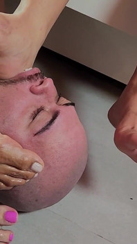 3 Girls Shoving Their Feet Into a Submissive Guy's Mouth.