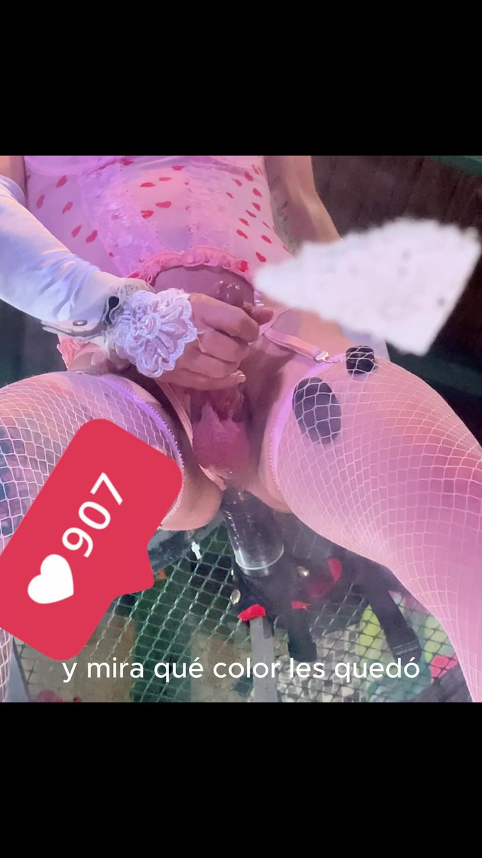 Benito414: Rosa meia lingerie transsexual cavalgando vibrador preto na parede