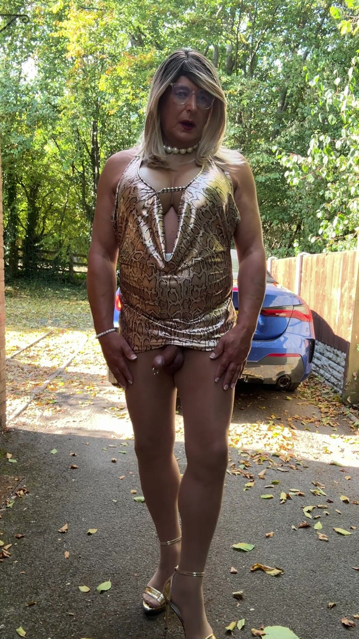 Kellycd2022: Sexy Crossdresser Kellycd2022 v Zlatém leopardu Tisk šaty Tan Punčocháče a...