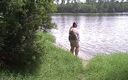BBW nurse Vicki adventures with friends: BBW Angie Kimber public outdoor striptease nude play in lake