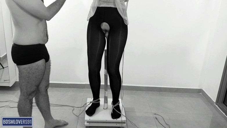 Bdsmlovers91: Shaking Legs in Black Pantyhose Standing Pole Bondage with None...
