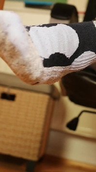 Gray Leggings, Pink Clogs, Ski Socks & Barefoot Under Desk
