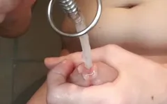 Ejaculação em brinquedo claro e oco com costelas, cabeça larga que mal se encaixa na minha uretra!