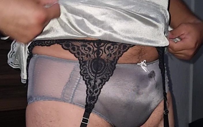 Sexy shinny clothes: Sexy Gray Metal Nylon Slip with Matching Briefs and Bra