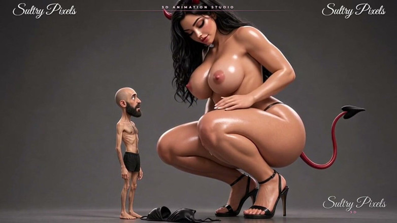 Sultry Pixels 3D: Giant She-devil แก้ผ้าเปลือยบนให้ชายหนวดตัวเล็ก ๆ ของเธอ - เขาจูบรองเท้าส้นสูงของเธอ