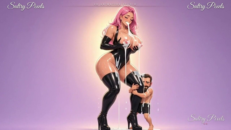 Sultry Pixels 3D: Rosahaarige Anime-latex-riesin drückt milch aus ihren riesigen titten, während ein...