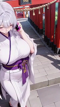 Silver-haired Miko Shrine Secrets! Half-unbuttoned White Kimono, Kneeling Poses and Intense Eye Contact.