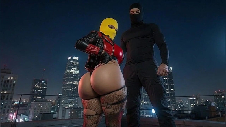 Animate golden: Petite Big Ass Girl in Yellow Balaclava Dominated on Rooftop