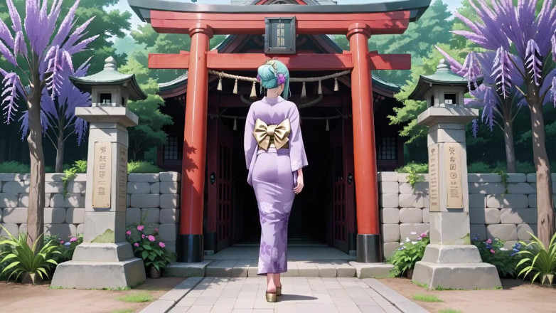 Tay Swift X: 紫の着物の女神!赤い鳥居の下の湿り気に耐えられない