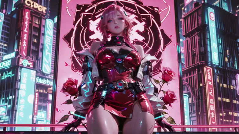 Seraphina Vale: Guerriero Mech dai capelli rosa! Inginocchiato in neon streets, Red...
