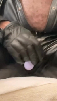 Black Leather Vibrating Toy Cock Fondle & Nipple Play
