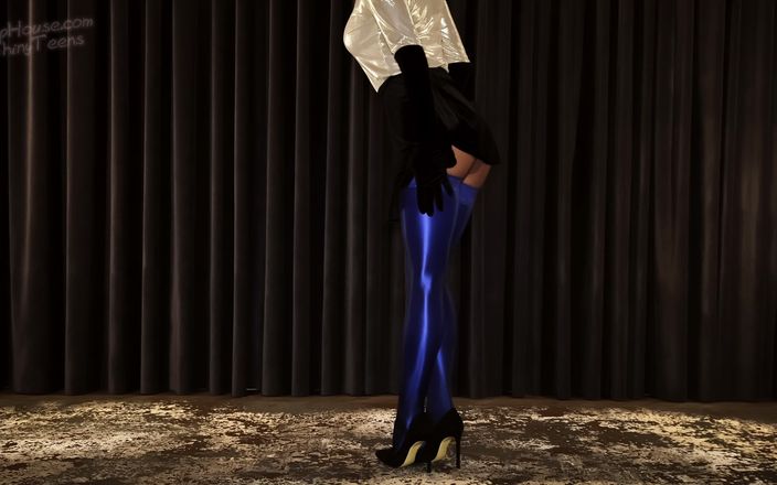 Shiny teens: 889, bas en lycra bleu superposés et collants cdr noirs