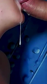 Cum Stream Fills Mouth. Lot Cum Flows From Mouth.