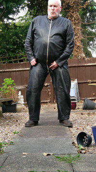 Leather Overalls in the Garden
