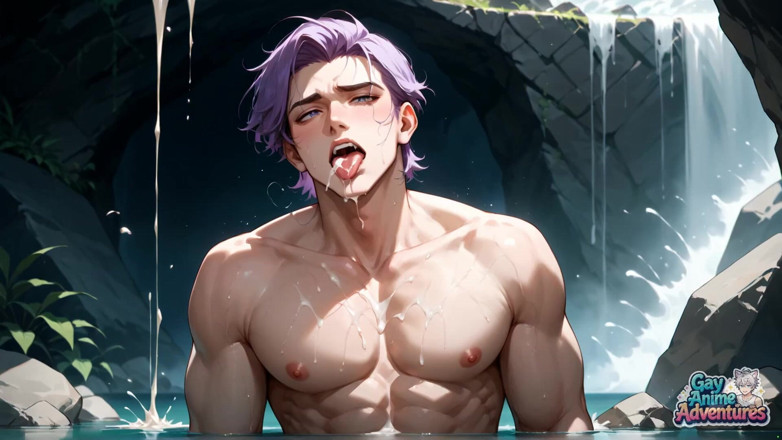 Gay Anime Adventures: Steamy Rock Cavern Is Home to Glistening, Purple-haired Muscle Studs....