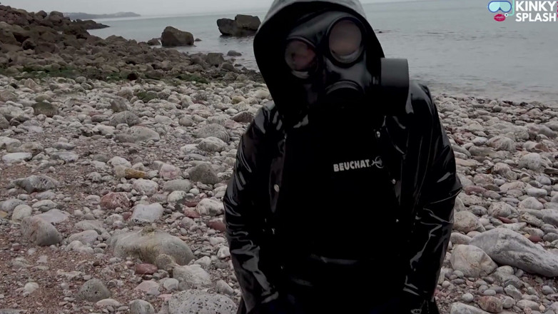 UKCuteGirl Lucy Lauren: Gas Mask Goddess - Rubber Wetsuit &amp; Pvc Mac Beach Tease