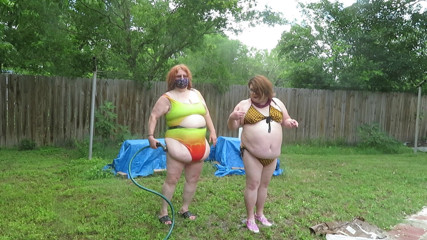 BBW nurse Vicki adventures with friends: Clean stuff and each other with hose me and BBW...