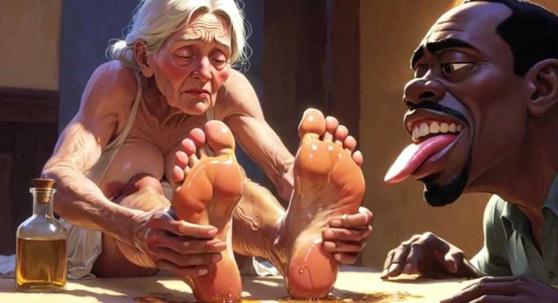 Anime Hentai: Old Granny Foot Worship - Man Licking Oiled Wrinkled Soles