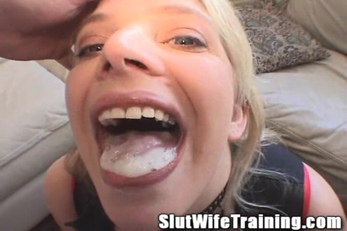 Slut wife training: Blonde Swallows Sperm Wifey Cock Loads Jizz Gulping BBW Whore!