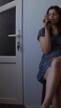 Horny Girl on a Chair Drinks Juice and Play with Herself