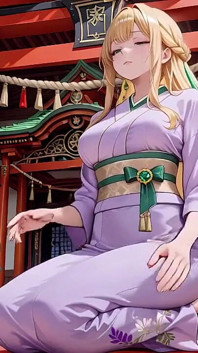 Blondine in Lavendel! Op blote voeten knielen onder de rode Torii-poort, haar Andouf fluttert in de wind