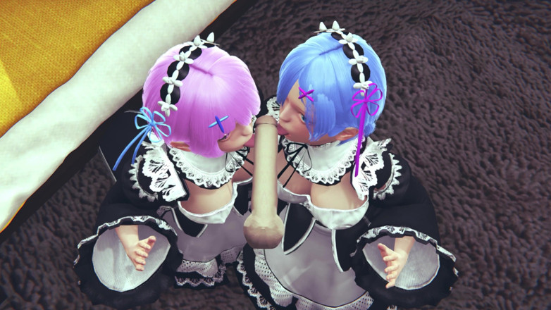 Waifu club 3D: Ram und Rem lecken zusammen einen großen schwanz