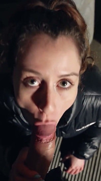 Risky Public Facial & Cumwalk in the Car Park W/ Shiny Puffy Jacket