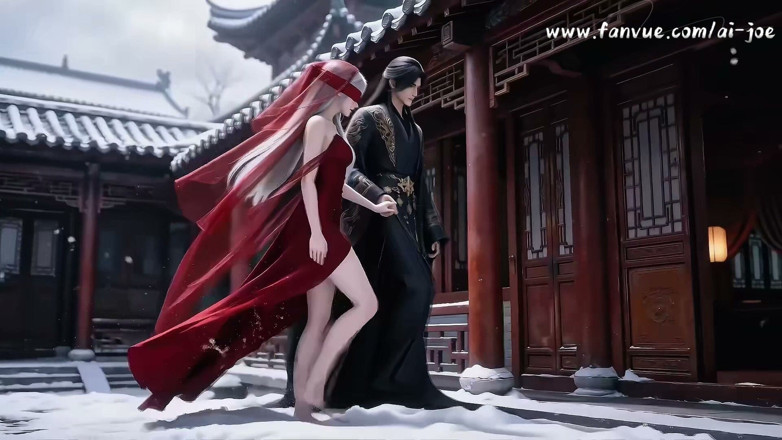 AI-JOE: Eine klassische chinesische Schönheit mit Haut wie Schnee, in rot...
