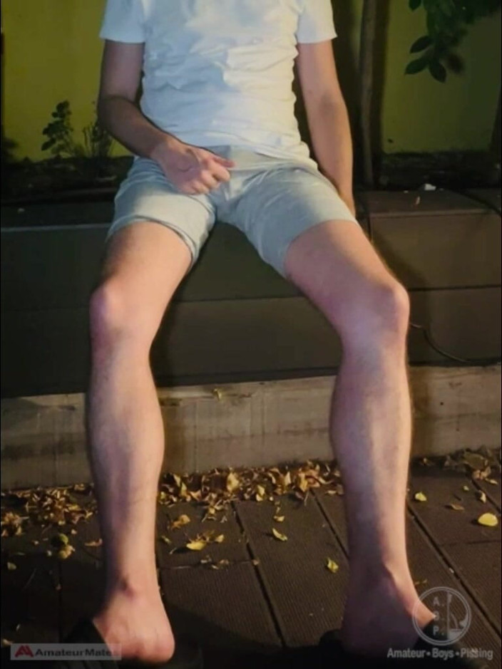 AmateurBoysPissing: Amateur Twink in Adilette Sandals Wets Himself in the Garden...