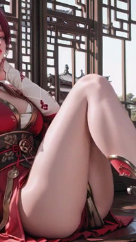 Purple-haired War Maiden in High-slit Kimono, Kneeling to Tease Your Eyes with a Fiery Gaze and a Wet, Forbidden Whisper.