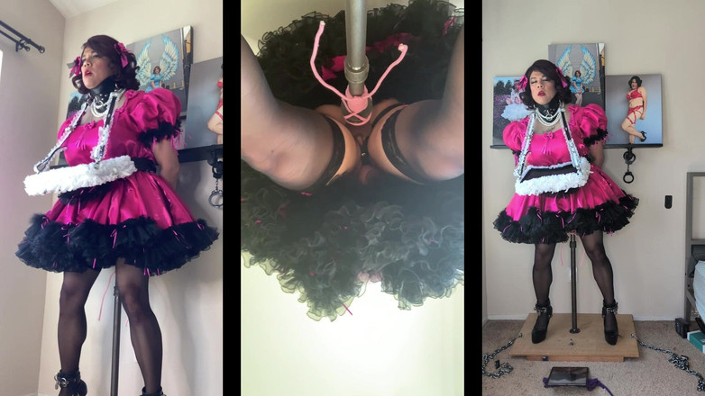 Sissy Candy: 娘娘腔女仆和她的服务托盘骑乘她的假阳具支架