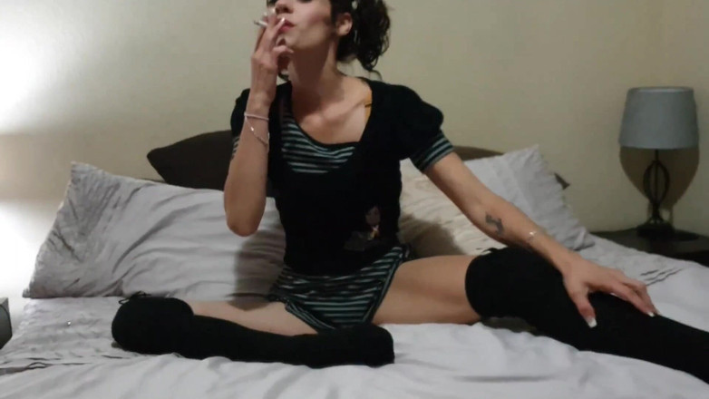 domslutfucker: Skinny Emo Slut Showing off Her Pussy While Smoking a...