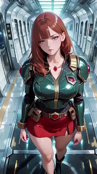 Dentro del tren de ciencia ficción, usa una armadura verde apretada, tocando sus labios rojos mientras mira la galaxia a través de la porra.