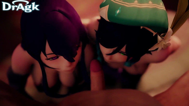 DrAgk: Raiden &amp; Venti Bisexuální trojka - Aether 3D Genshin anální šukání
