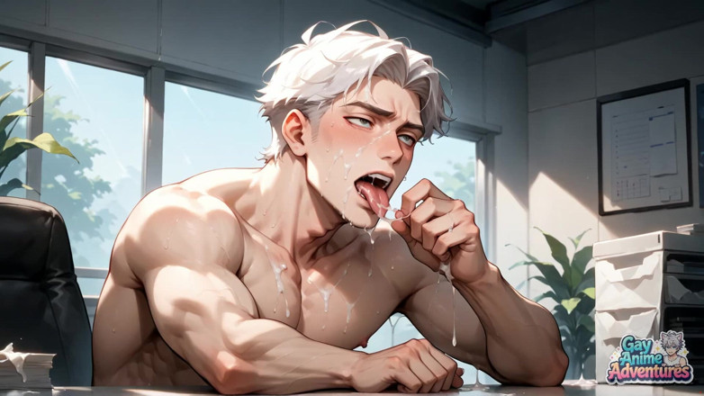 Gay Anime Adventures: Fantastický XXX Akt na kancelářském stole se svalnatým mužem roztahlé široce...
