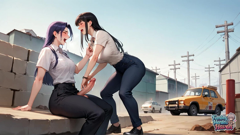 Femboy Hentai Haven: Fiery Femboy Fucks Squirting Bikini Babe in Industrial Street Sex -...