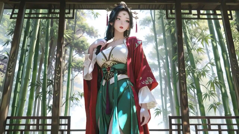 Seraphina Vale: The Red-robed Goddess in a Sun-dappled Secret Garden, Lazily Turning...