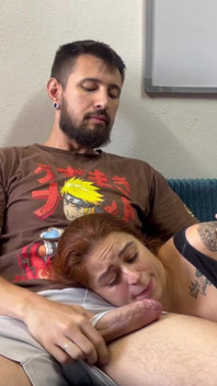 Redhead Roommate Sucks Quietly on Her Lap and Gets Thick Cum on Her Face