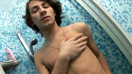 Young straight boy masturbation: Julien plau with dildo under shower
