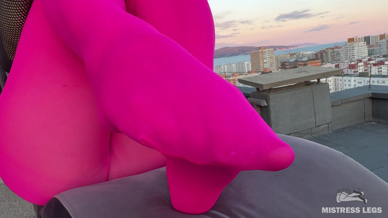 Mistress Legs: Pink Nylon Tease on the Rooftop at Sunset - Feet and...