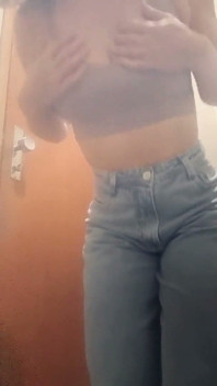 After Gym Tease -shorts off, Natural Tits and Jeans on