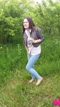 Skinny Brunette with Full Bladder Has to Pee in the Forest and Wet the Tall Grass Touching Her Wet Pussy