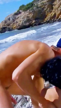 Skinny teen Kathylee talks to man on the beach being fucked and girlfriend is watching