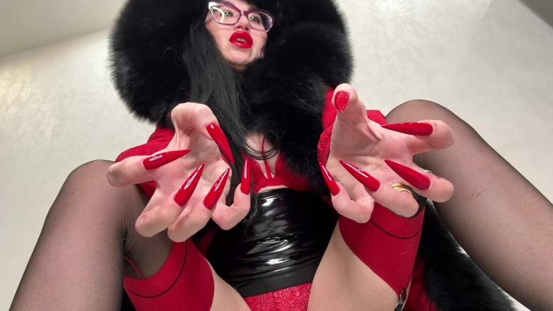 Julia domaina: Red Long Nails, Claws and Fur, Red Underwear, Stockings with...
