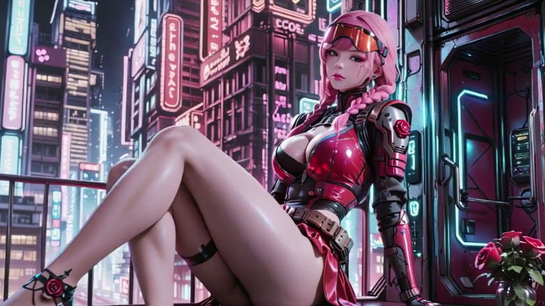Seraphina Vale: Pink-haired Mech Warrior! Kneeling in Neon Streets, Red Rose &amp; Cold...