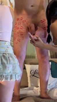 Soft Warm Wet Kisses and Gentle Balls Massage Turns Into CFNM Threesome Greatest Cumshots, Ever in Their Small Hands