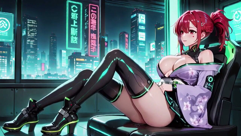 Tay Swift X: Redhead in a Cyberpunk Cockpit! Half-unbuttoned Yukata, Lounging Lazily on...