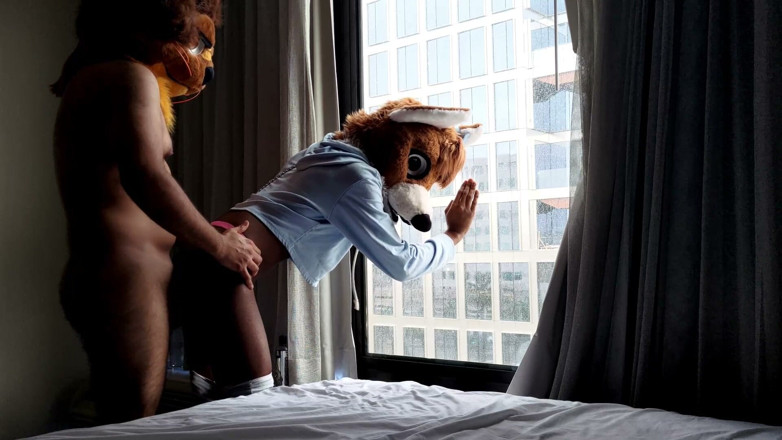 PawgrammerSocks: Bareback Femboy Furry Fursuit Fuck in Front of Window