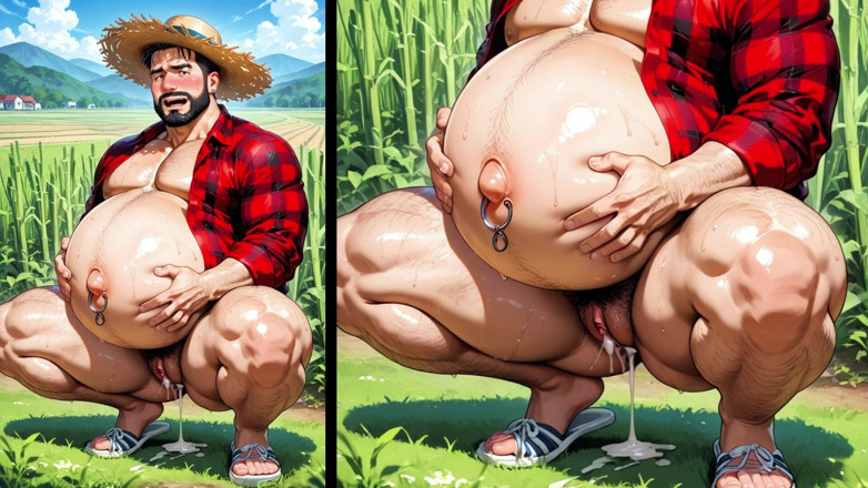 Trans-Men FTM Hentai: Sensual Photoshoot Featuring Pregnant Ftm Farmers Glistening with Oil in...